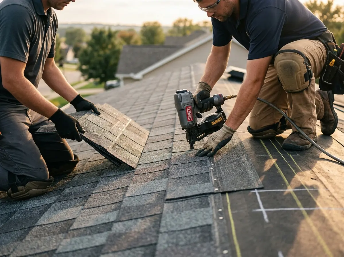 Professional roofer working on a residential roof in Garden Grove